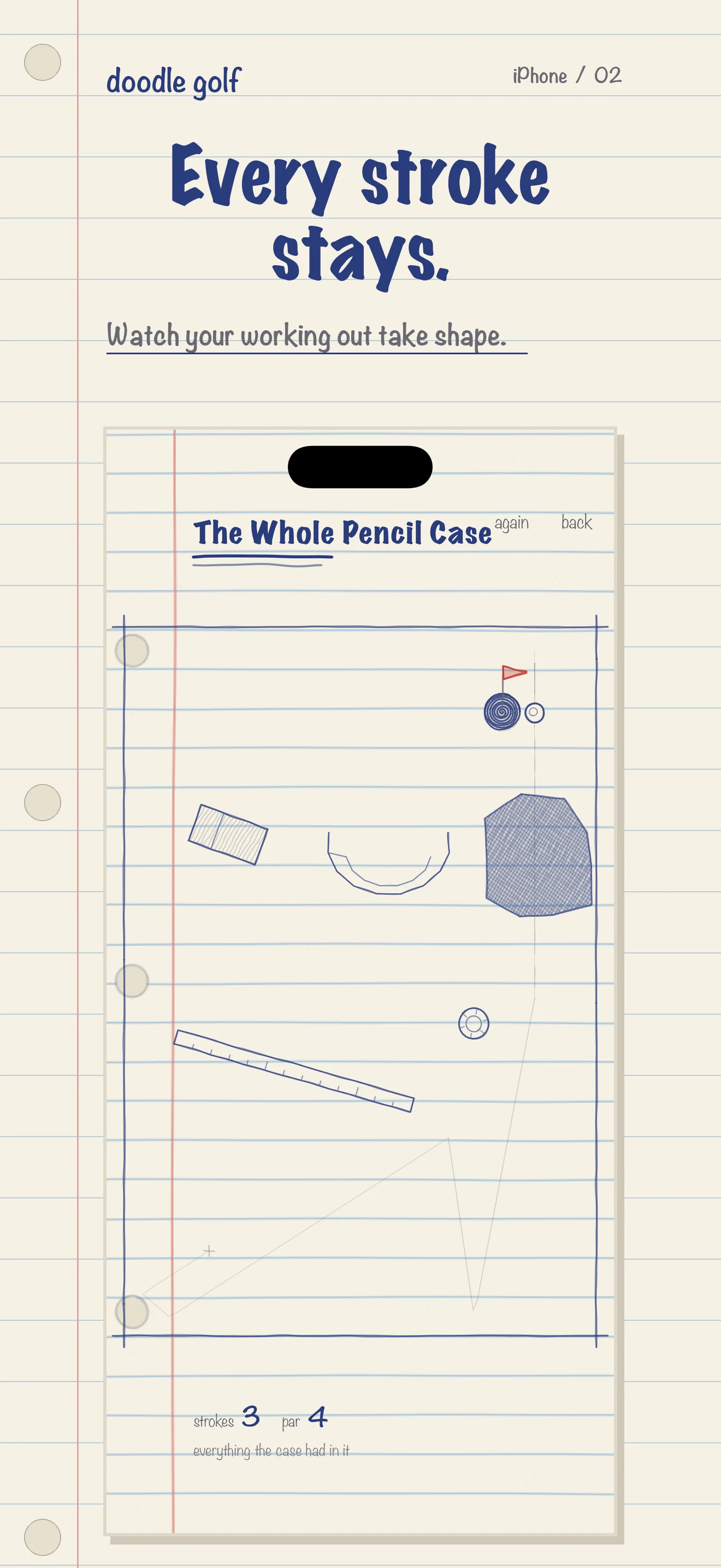 iPhone gameplay with several pencil trajectories drawn across a notebook-paper hole.