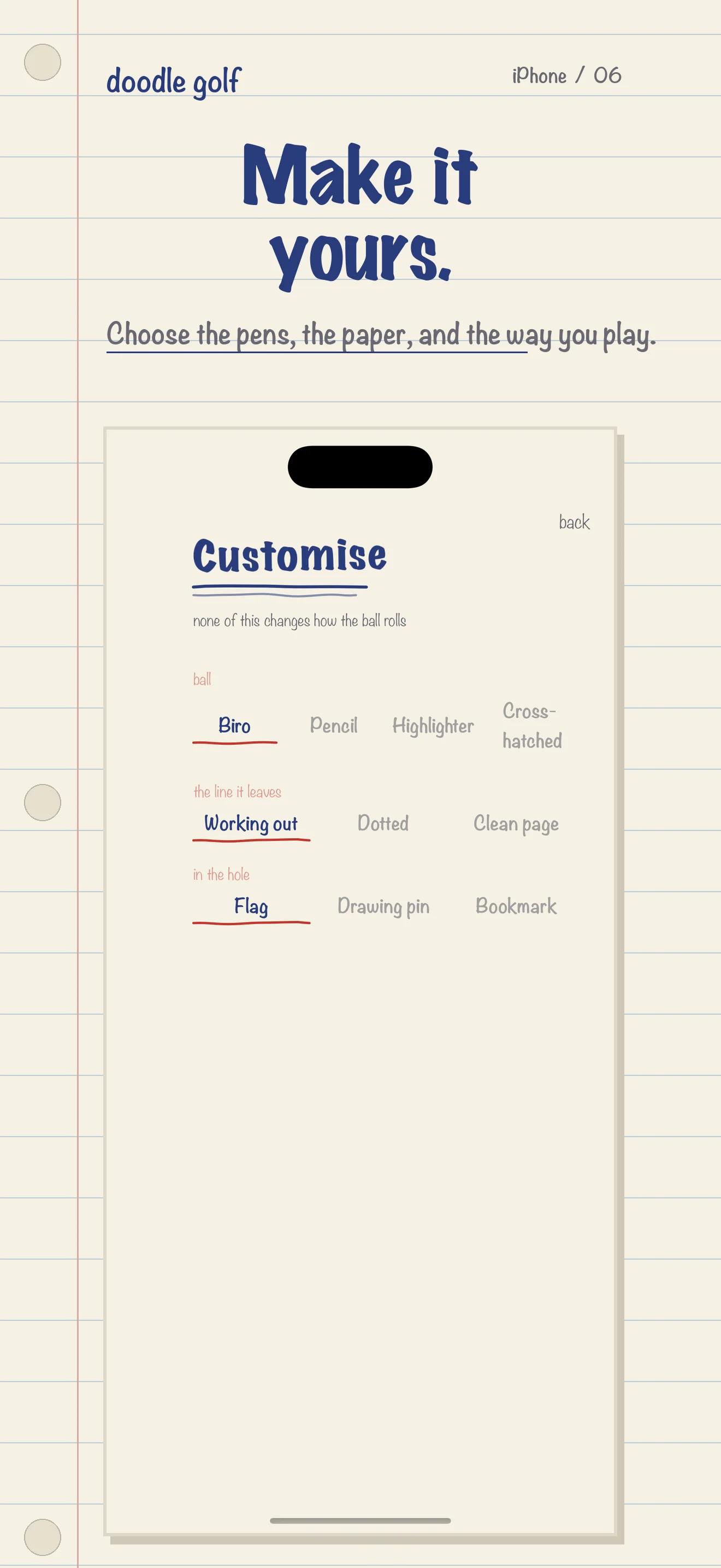 iPhone customise page showing choices for the ball, its line and the hole marker.