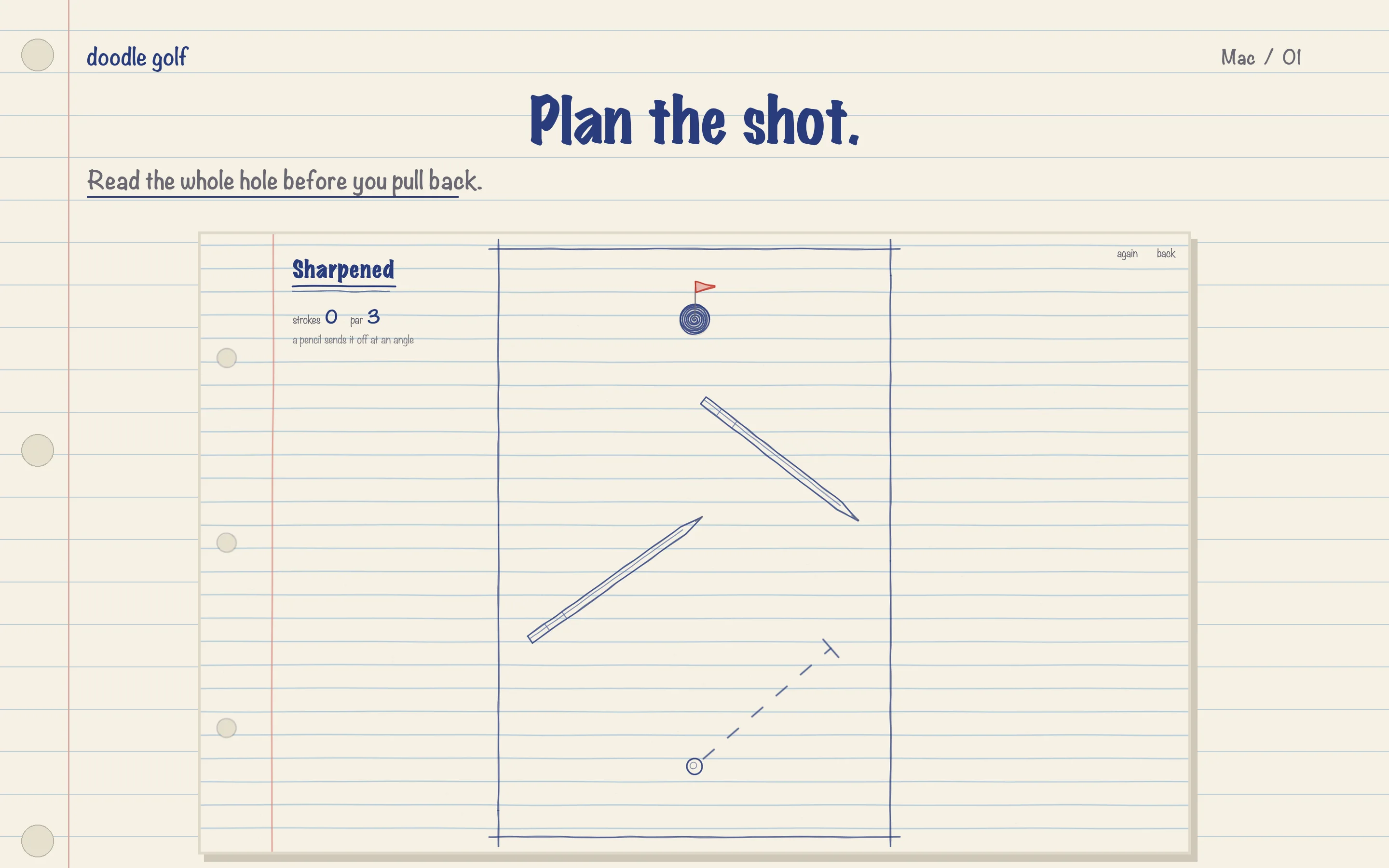 Mac gameplay showing a notebook-paper golf hole with a ruler, drawing pin and a dotted aim line.