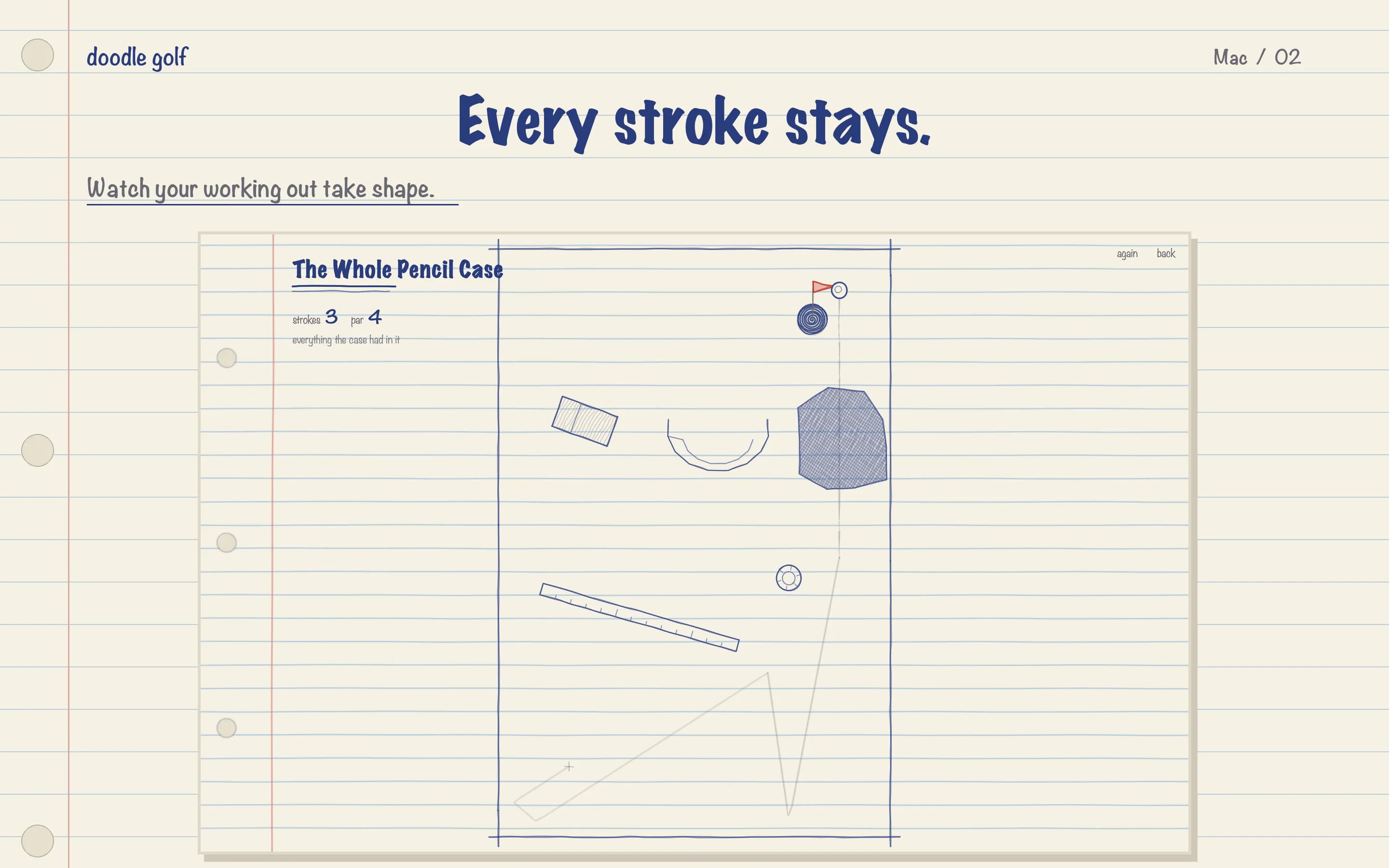 Mac gameplay showing a completed working-out line through a notebook-paper golf hole.
