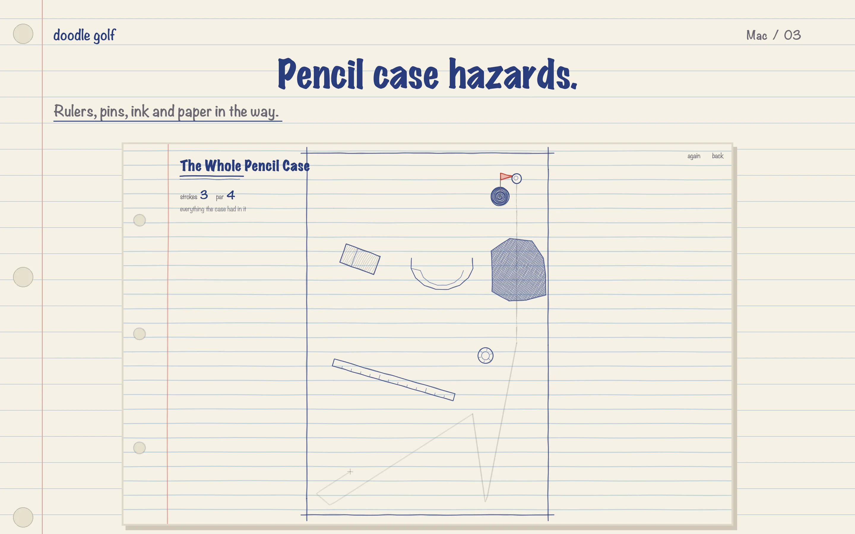 Mac gameplay showing a ruler, eraser, ink and paper obstacles arranged on the hole.