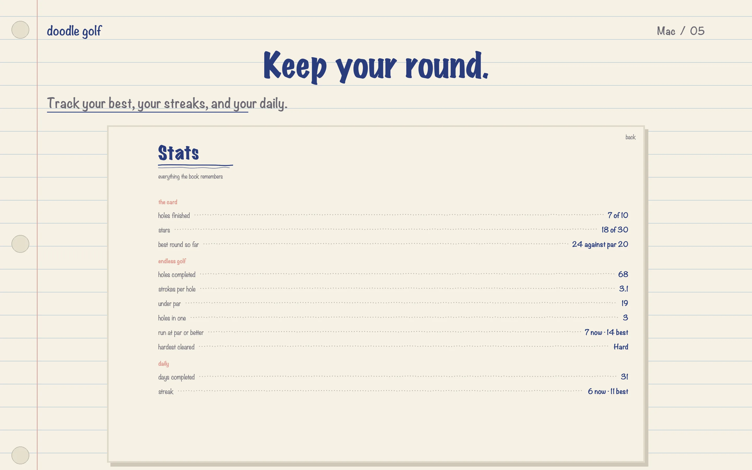 Mac stats page showing holes finished, stars, endless golf and daily progress.