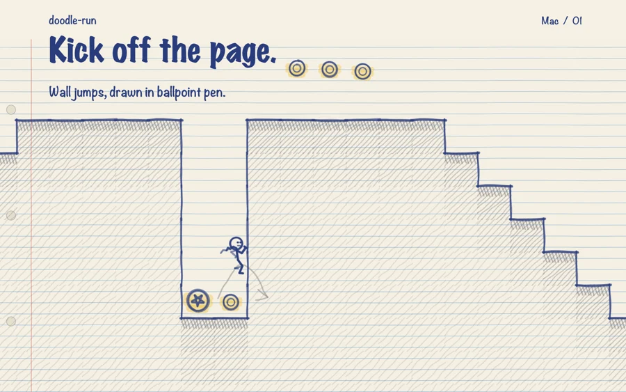 A runner kicks off the wall of a deep notebook-paper shaft, with a special coin below.