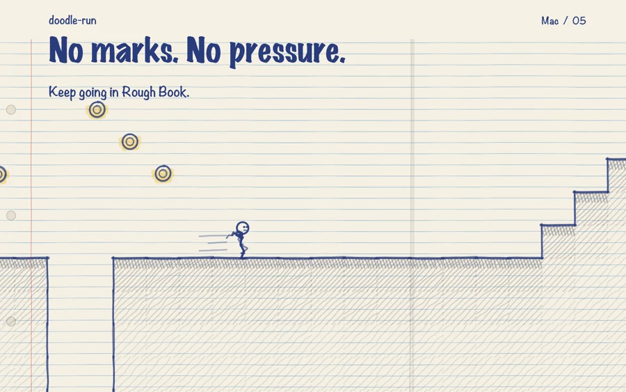 Rough Book gameplay running on across a notebook page with no final mark.